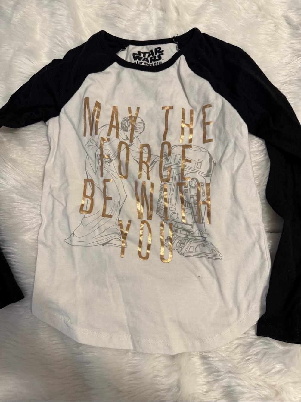 Star Wars White & Black Raglan Tee with Metallic Gold Print girls small size 6X